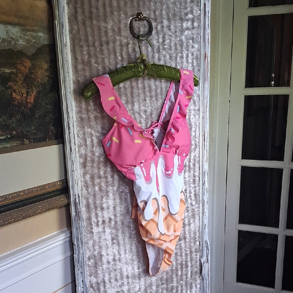 Vibrant Pink and Orange One Piece Ice Cream Swimsuit